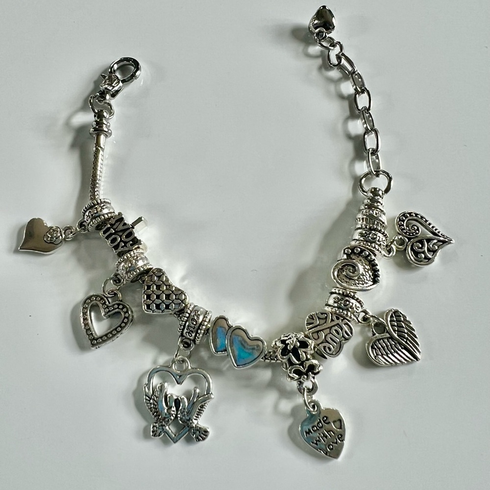 Silver Charm Bracelet with Heart Accents